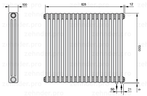 Схема (чертеж) Радиатор Zehnder Charleston 3150/18 №5510 Белый глянцевый RAL 9016